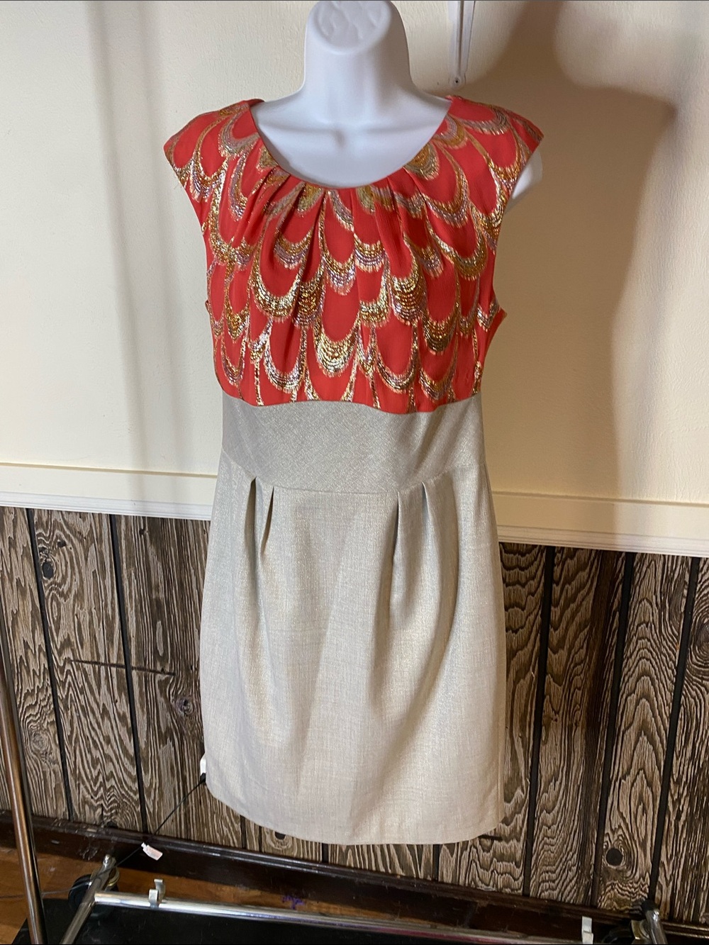 Trina Turk Coral and Gold Patterned Sash Waist Dress
